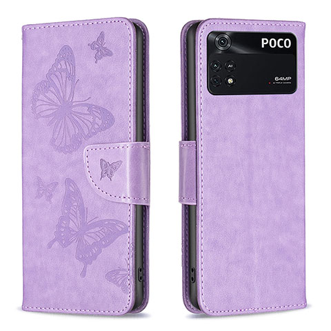 Coque Portefeuille Papillon Livre Cuir Etui Clapet B01F pour Xiaomi Poco M4 Pro 4G Violet Clair