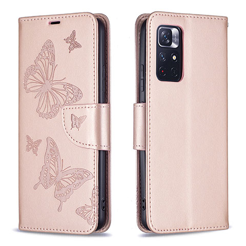 Coque Portefeuille Papillon Livre Cuir Etui Clapet B01F pour Xiaomi Poco M4 Pro 5G Or Rose