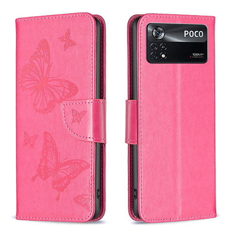 Coque Portefeuille Papillon Livre Cuir Etui Clapet B01F pour Xiaomi Poco X4 Pro 5G Rose Rouge