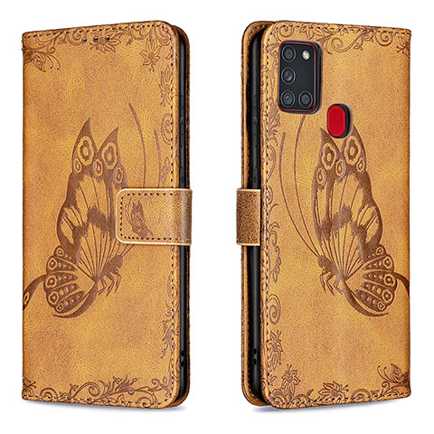 Coque Portefeuille Papillon Livre Cuir Etui Clapet B02F pour Samsung Galaxy A21s Marron