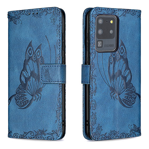 Coque Portefeuille Papillon Livre Cuir Etui Clapet B02F pour Samsung Galaxy S20 Ultra 5G Bleu