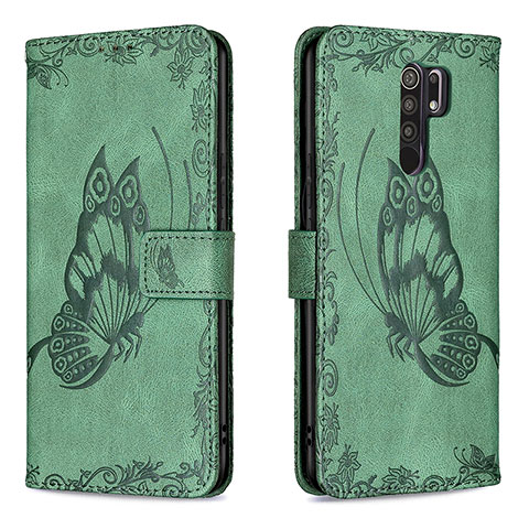 Coque Portefeuille Papillon Livre Cuir Etui Clapet B02F pour Xiaomi Redmi 9 Prime India Vert