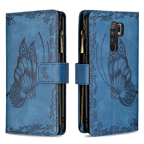 Coque Portefeuille Papillon Livre Cuir Etui Clapet B03F pour Xiaomi Redmi 9 Prime India Bleu