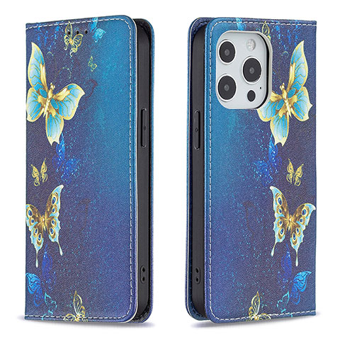 Coque Portefeuille Papillon Livre Cuir Etui Clapet L01 pour Apple iPhone 15 Pro Bleu