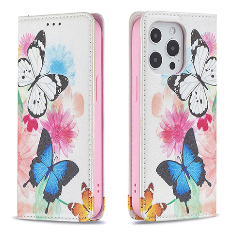 Coque Portefeuille Papillon Livre Cuir Etui Clapet L01 pour Apple iPhone 15 Pro Max Rose