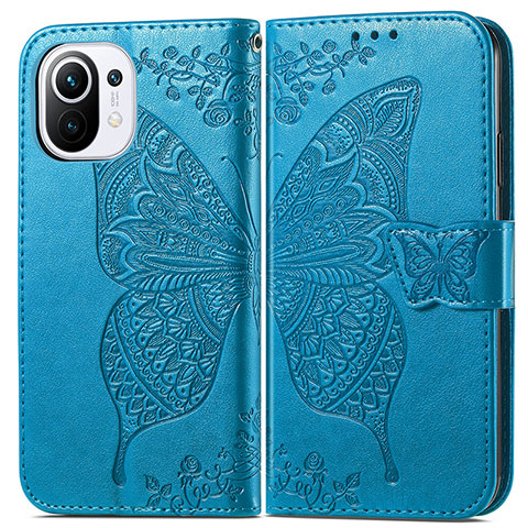 Coque Portefeuille Papillon Livre Cuir Etui Clapet L02 pour Xiaomi Mi 11 5G Bleu