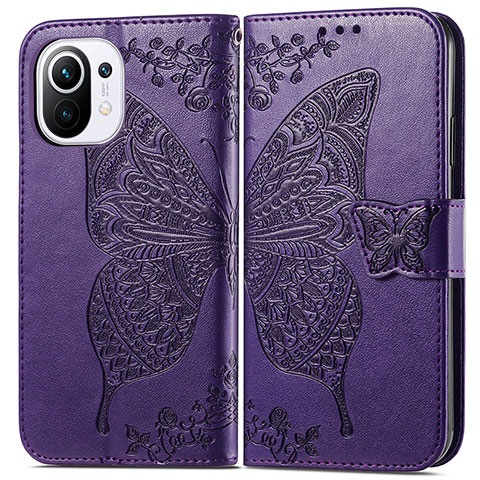 Coque Portefeuille Papillon Livre Cuir Etui Clapet L02 pour Xiaomi Mi 11 5G Violet