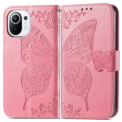 Coque Portefeuille Papillon Livre Cuir Etui Clapet L02 pour Xiaomi Mi 11 Lite 5G Rose Rouge