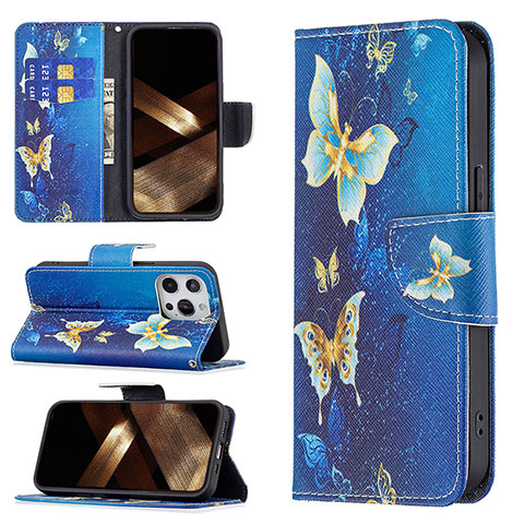 Coque Portefeuille Papillon Livre Cuir Etui Clapet L07 pour Apple iPhone 14 Pro Bleu