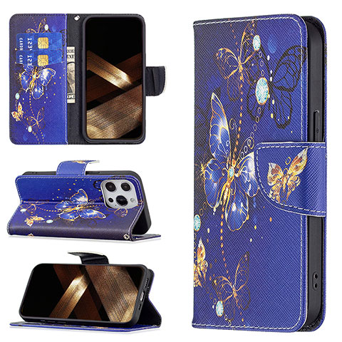 Coque Portefeuille Papillon Livre Cuir Etui Clapet L07 pour Apple iPhone 14 Pro Bleu Royal