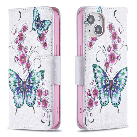 Coque Portefeuille Papillon Livre Cuir Etui Clapet L07 pour Apple iPhone 15 Blanc