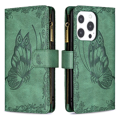 Coque Portefeuille Papillon Livre Cuir Etui Clapet L08 pour Apple iPhone 13 Pro Max Vert