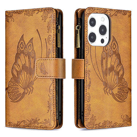 Coque Portefeuille Papillon Livre Cuir Etui Clapet L08 pour Apple iPhone 14 Pro Marron