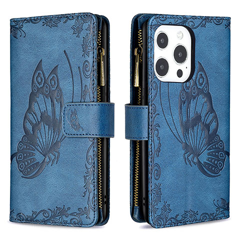 Coque Portefeuille Papillon Livre Cuir Etui Clapet L08 pour Apple iPhone 15 Pro Bleu