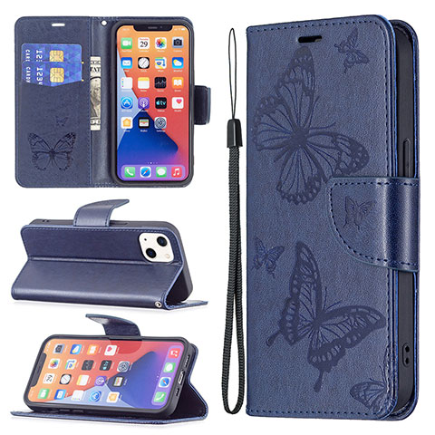 Coque Portefeuille Papillon Livre Cuir Etui Clapet L09 pour Apple iPhone 13 Bleu