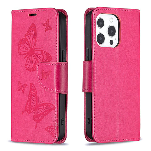 Coque Portefeuille Papillon Livre Cuir Etui Clapet L09 pour Apple iPhone 13 Pro Rose Rouge