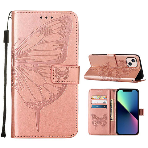 Coque Portefeuille Papillon Livre Cuir Etui Clapet L10 pour Apple iPhone 14 Plus Or Rose