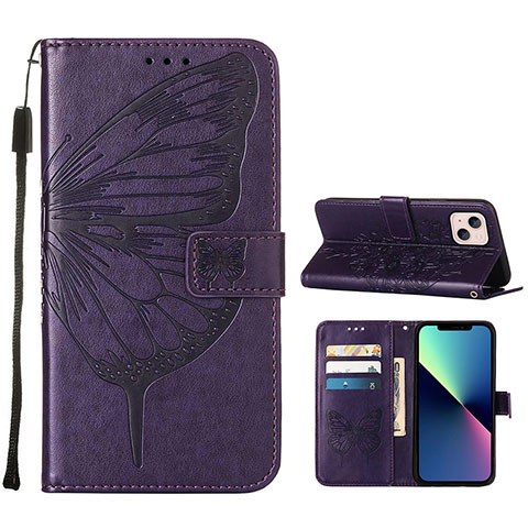 Coque Portefeuille Papillon Livre Cuir Etui Clapet L10 pour Apple iPhone 14 Violet