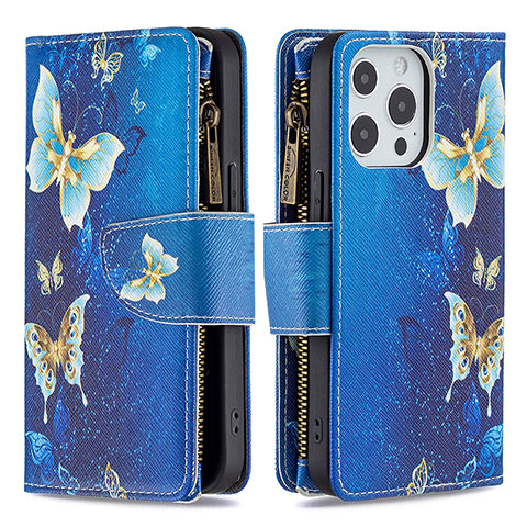 Coque Portefeuille Papillon Livre Cuir Etui Clapet pour Apple iPhone 14 Pro Bleu