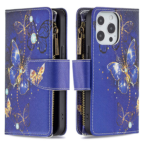 Coque Portefeuille Papillon Livre Cuir Etui Clapet pour Apple iPhone 15 Pro Bleu Royal