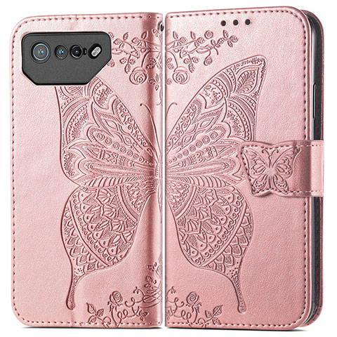 Coque Portefeuille Papillon Livre Cuir Etui Clapet pour Asus ROG Phone 7 Or Rose