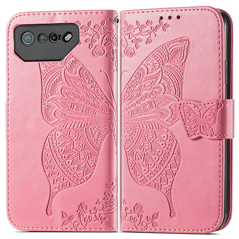 Coque Portefeuille Papillon Livre Cuir Etui Clapet pour Asus ROG Phone 7 Rose Rouge