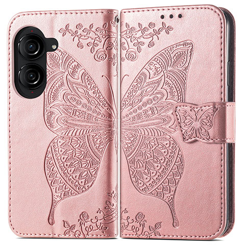 Coque Portefeuille Papillon Livre Cuir Etui Clapet pour Asus ZenFone 10 Or Rose