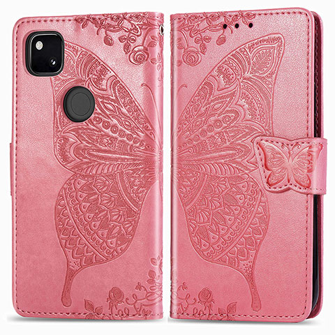 Coque Portefeuille Papillon Livre Cuir Etui Clapet pour Google Pixel 4a Rose Rouge