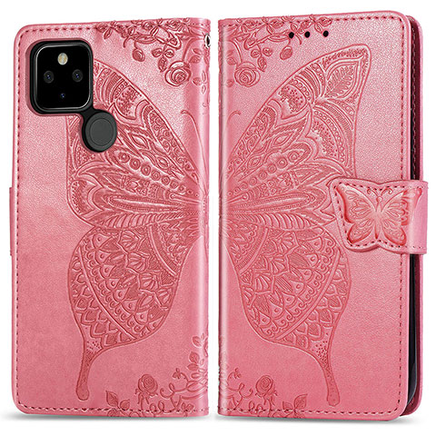 Coque Portefeuille Papillon Livre Cuir Etui Clapet pour Google Pixel 5 XL 5G Rose Rouge