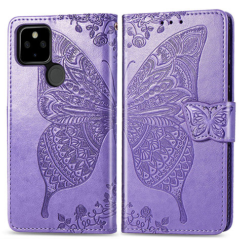 Coque Portefeuille Papillon Livre Cuir Etui Clapet pour Google Pixel 5 XL 5G Violet Clair