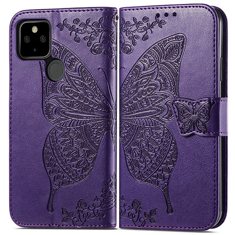 Coque Portefeuille Papillon Livre Cuir Etui Clapet pour Google Pixel 5a 5G Violet