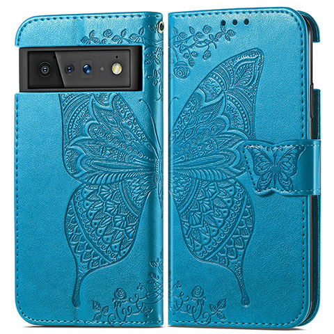 Coque Portefeuille Papillon Livre Cuir Etui Clapet pour Google Pixel 6 Pro 5G Bleu