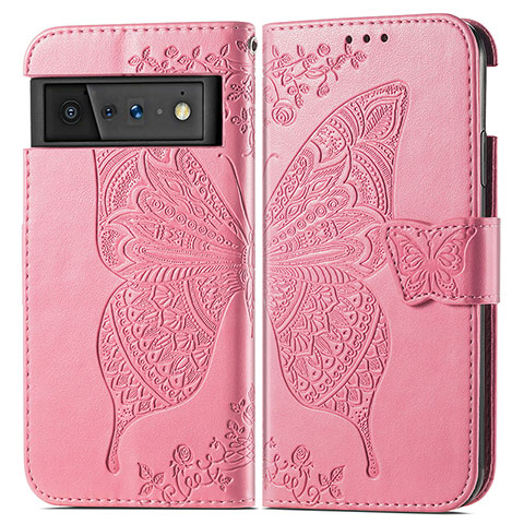 Coque Portefeuille Papillon Livre Cuir Etui Clapet pour Google Pixel 6 Pro 5G Rose Rouge