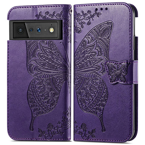 Coque Portefeuille Papillon Livre Cuir Etui Clapet pour Google Pixel 6 Pro 5G Violet