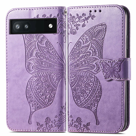 Coque Portefeuille Papillon Livre Cuir Etui Clapet pour Google Pixel 6a 5G Violet Clair