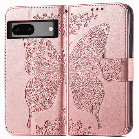 Coque Portefeuille Papillon Livre Cuir Etui Clapet pour Google Pixel 7 5G Or Rose