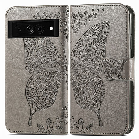 Coque Portefeuille Papillon Livre Cuir Etui Clapet pour Google Pixel 7 Pro 5G Gris