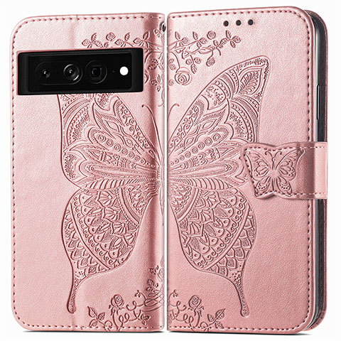 Coque Portefeuille Papillon Livre Cuir Etui Clapet pour Google Pixel 7 Pro 5G Or Rose