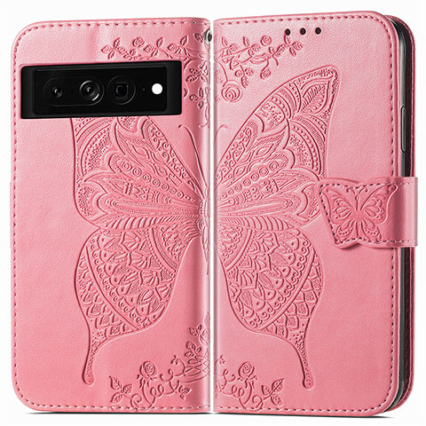 Coque Portefeuille Papillon Livre Cuir Etui Clapet pour Google Pixel 7 Pro 5G Rose Rouge