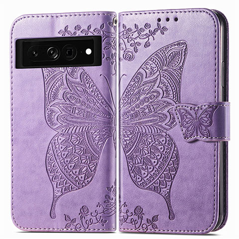 Coque Portefeuille Papillon Livre Cuir Etui Clapet pour Google Pixel 7 Pro 5G Violet Clair