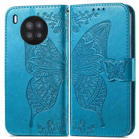 Coque Portefeuille Papillon Livre Cuir Etui Clapet pour Huawei Honor 50 Lite Bleu