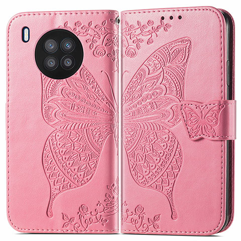 Coque Portefeuille Papillon Livre Cuir Etui Clapet pour Huawei Honor 50 Lite Rose Rouge