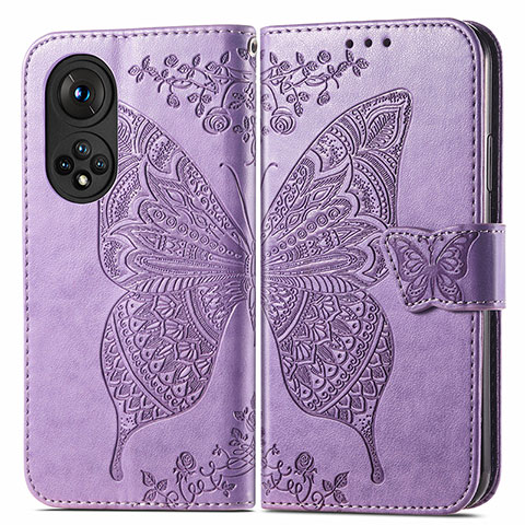 Coque Portefeuille Papillon Livre Cuir Etui Clapet pour Huawei Honor 50 Pro 5G Violet Clair