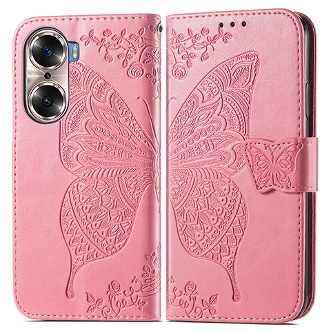 Coque Portefeuille Papillon Livre Cuir Etui Clapet pour Huawei Honor 60 Pro 5G Rose Rouge