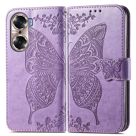 Coque Portefeuille Papillon Livre Cuir Etui Clapet pour Huawei Honor 60 Pro 5G Violet Clair