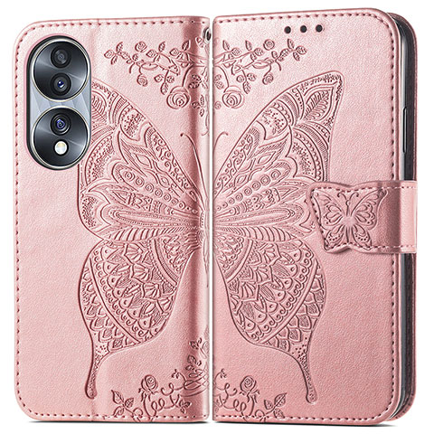 Coque Portefeuille Papillon Livre Cuir Etui Clapet pour Huawei Honor 70 5G Or Rose