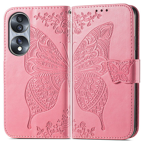 Coque Portefeuille Papillon Livre Cuir Etui Clapet pour Huawei Honor 70 5G Rose Rouge