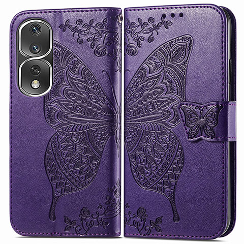 Coque Portefeuille Papillon Livre Cuir Etui Clapet pour Huawei Honor 80 Pro 5G Violet