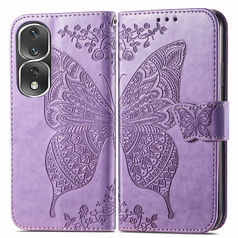 Coque Portefeuille Papillon Livre Cuir Etui Clapet pour Huawei Honor 80 Pro 5G Violet Clair