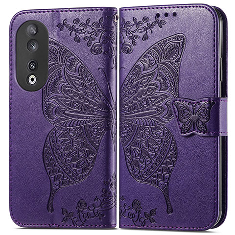 Coque Portefeuille Papillon Livre Cuir Etui Clapet pour Huawei Honor 90 5G Violet